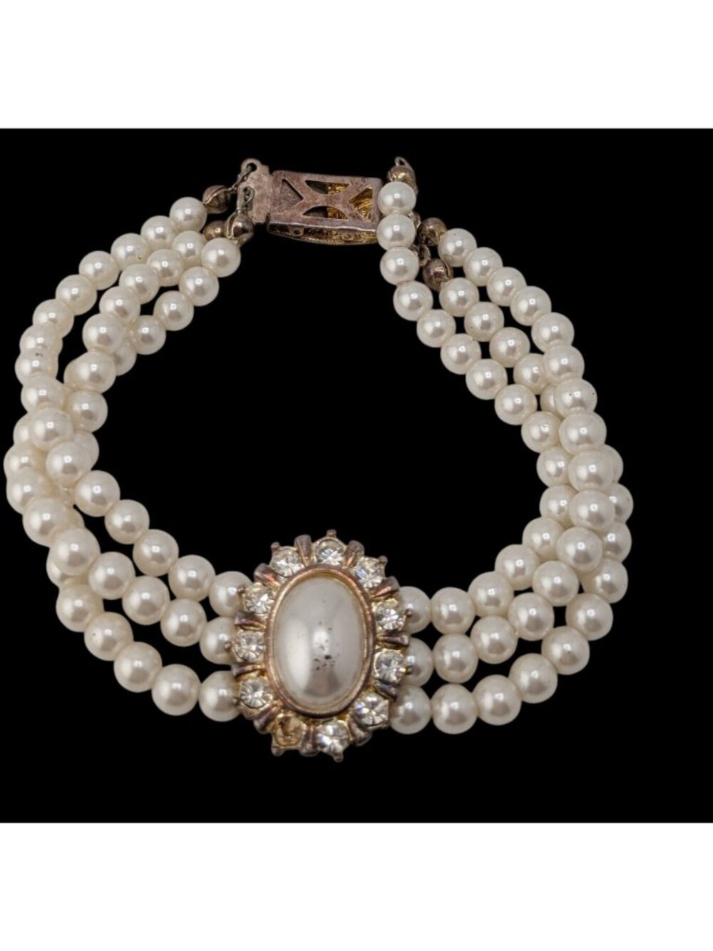 Vintage Faux Pearl Necklace Bracelet Set Rhinestone Victorian Elegance Jewelry - Picture 7 of 14